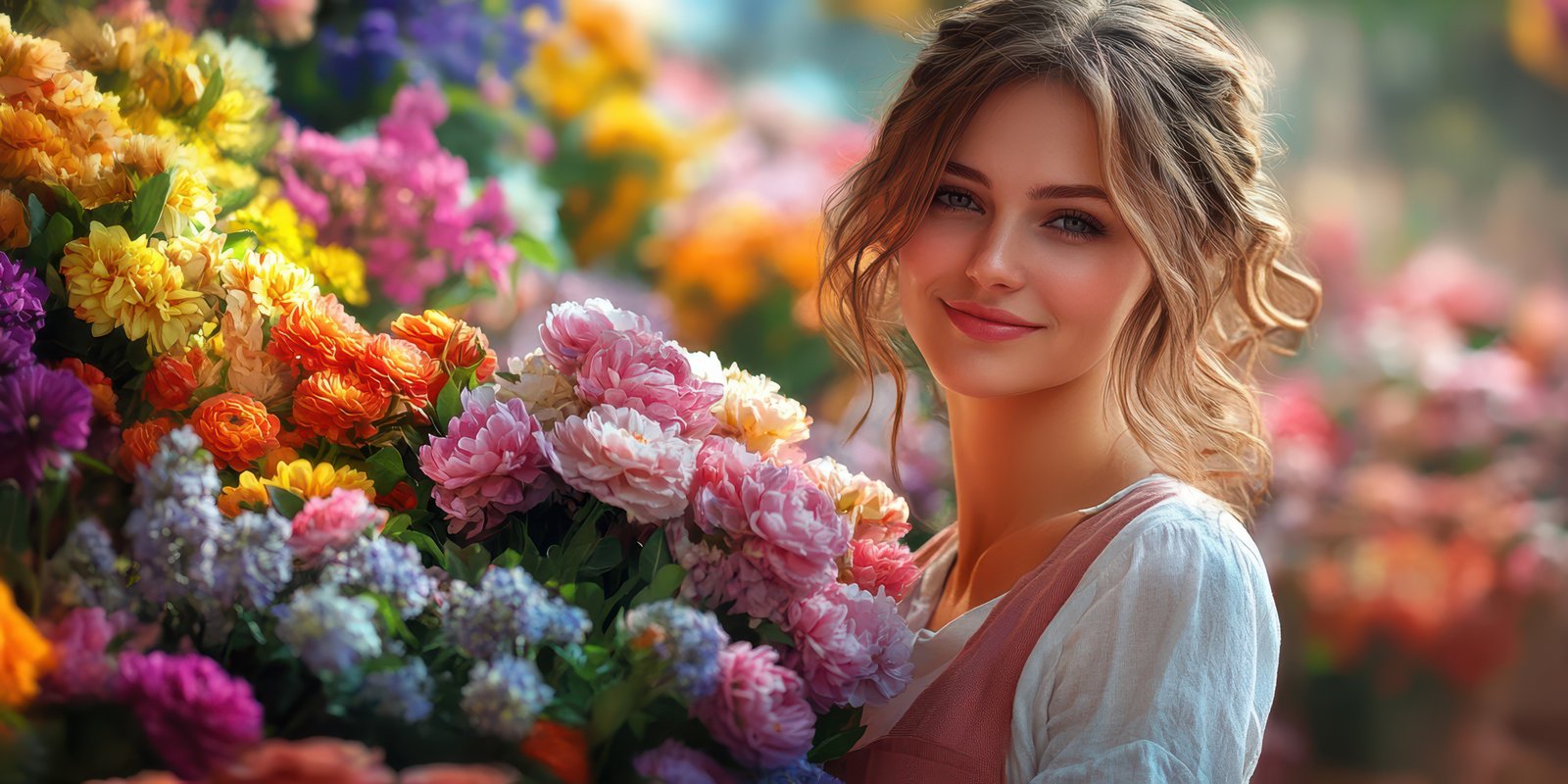 Young woman smiling among colorful flowers in a vibrant market during a sunny afternoon
